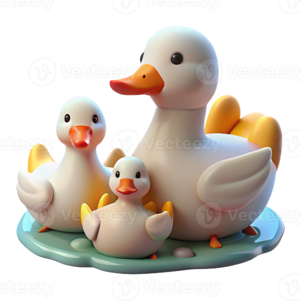 elegant modern A family of ducks swimming in a pond, fluffy feathers and playful interactions, cute and whimsical style detailed png