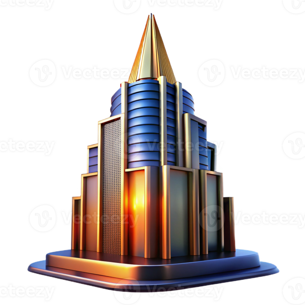 magnificent abstract Art Deco skyscraper, chrome and glass, sharp lines, volumetric lighting, sunset orange and deep blue hues, highly polished surfaces original png