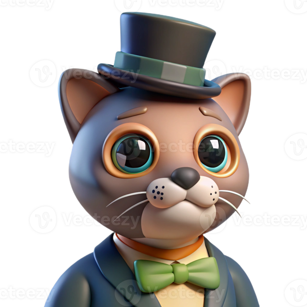 beautiful rustic A whimsical portrait of a cat wearing a monocle and a top hat, soft lighting, cartoon style professional png