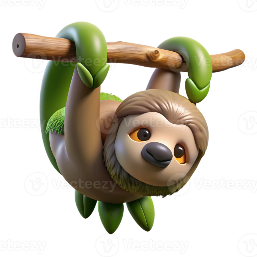 elegant creative A sleepy sloth hanging upside down from a tree branch, its fur covered in moss and algae, in a quirky cartoon style high quality png