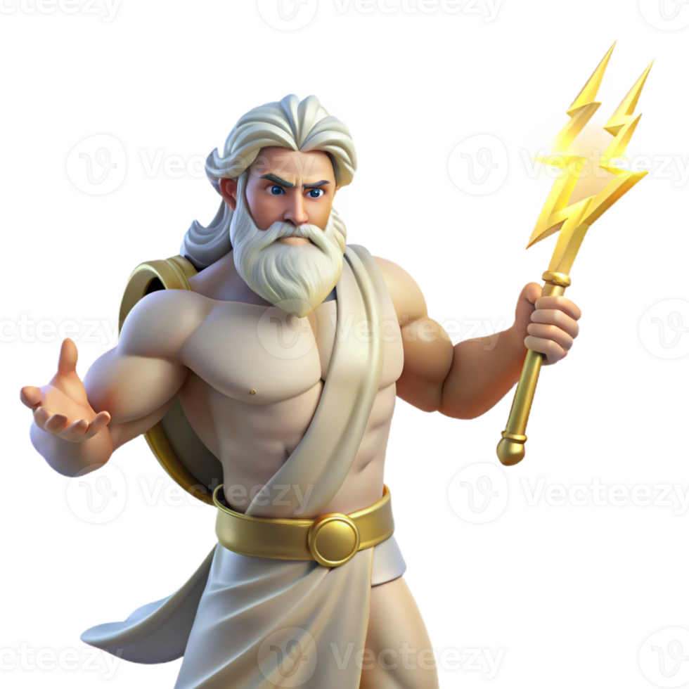 dramatic creative A powerful Zeus holding a lightning bolt, majestic pose, Renaissance style, bright heavenly light high quality png