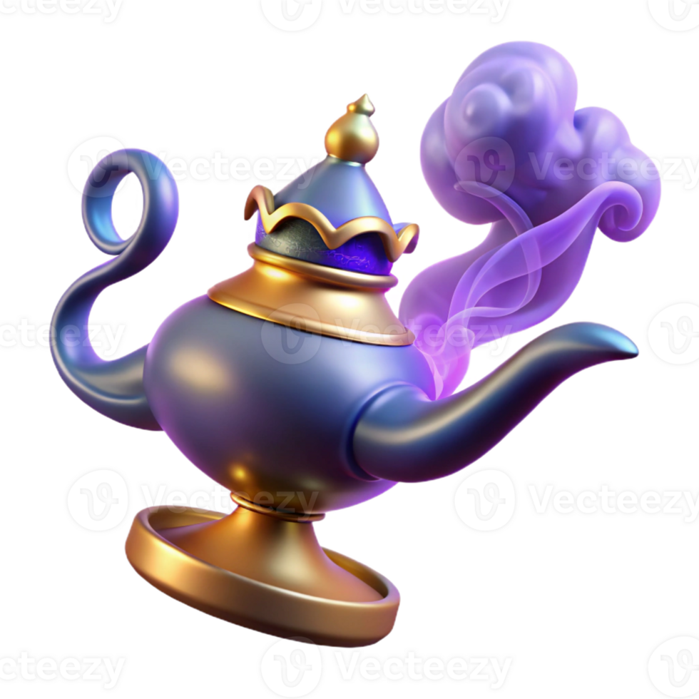 vibrant rustic A powerful djinn emerging from a magic lamp, swirling smoke and light, Arabian Nights style original png