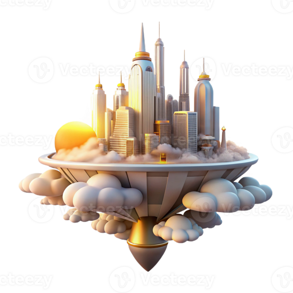 magnificent artistic A futuristic city floating in the clouds, golden sunset lighting, utopian style professional png