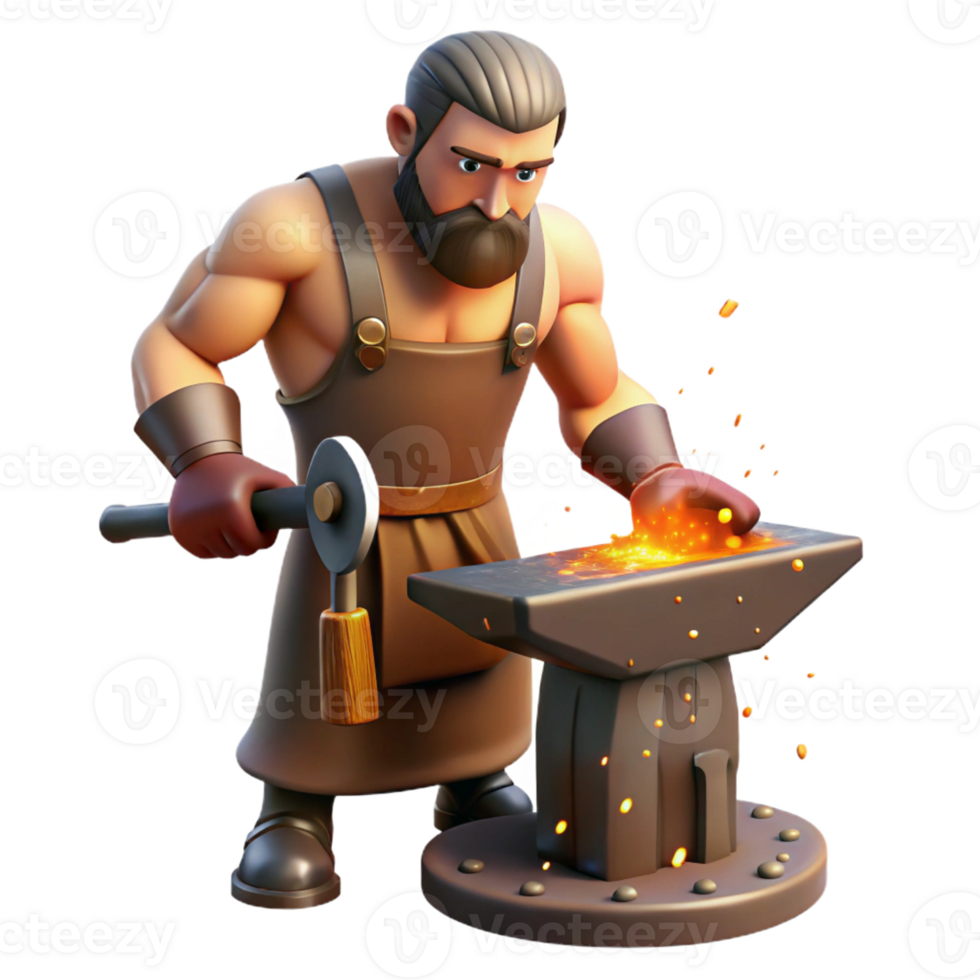 beautiful modern A stoic Hephaestus working at his forge, sparks flying from the anvil, rendered in a gritty realism style premium png