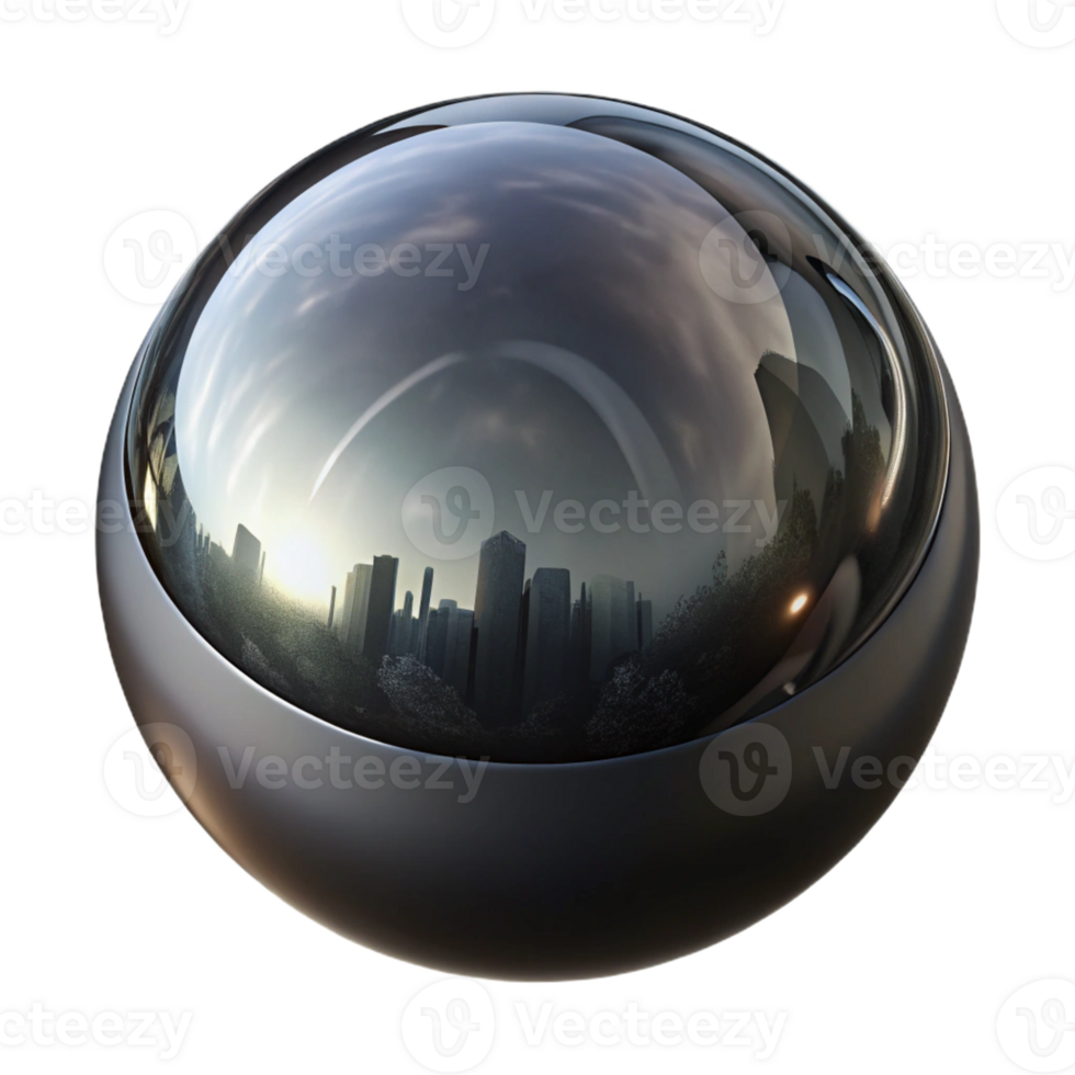impressive minimalist A single, perfect sphere of polished obsidian, reflecting a distorted cityscape, with dramatic, Rembrandt-style lighting high resolution png