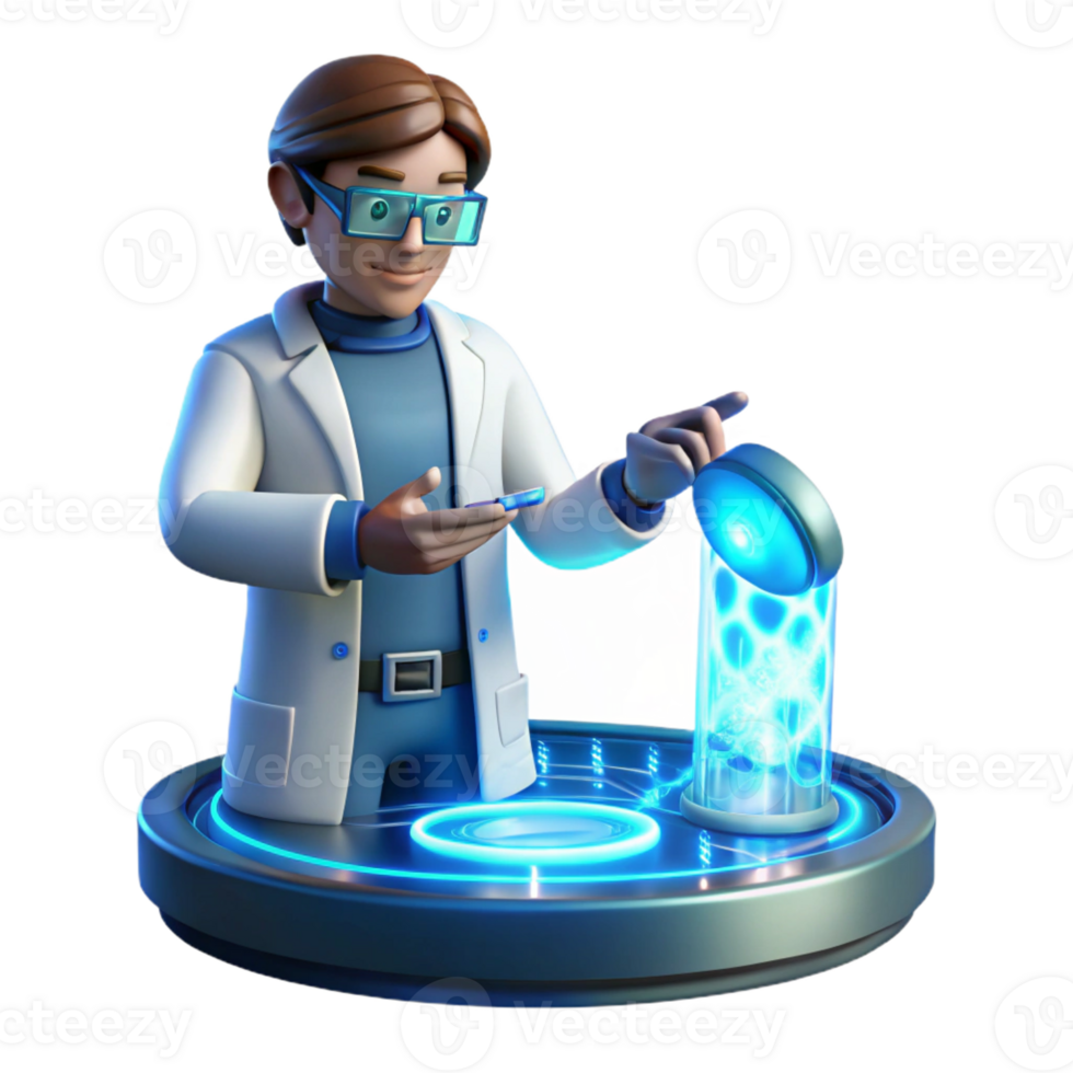 serene modern A scientist working on a complex holographic interface, cool, blue lighting, futuristic style original png