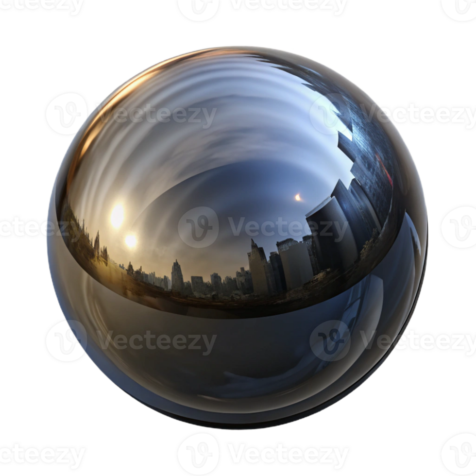 stunning creative A single, perfect sphere of polished obsidian, reflecting a distorted cityscape, with dramatic, Rembrandt-style lighting premium png