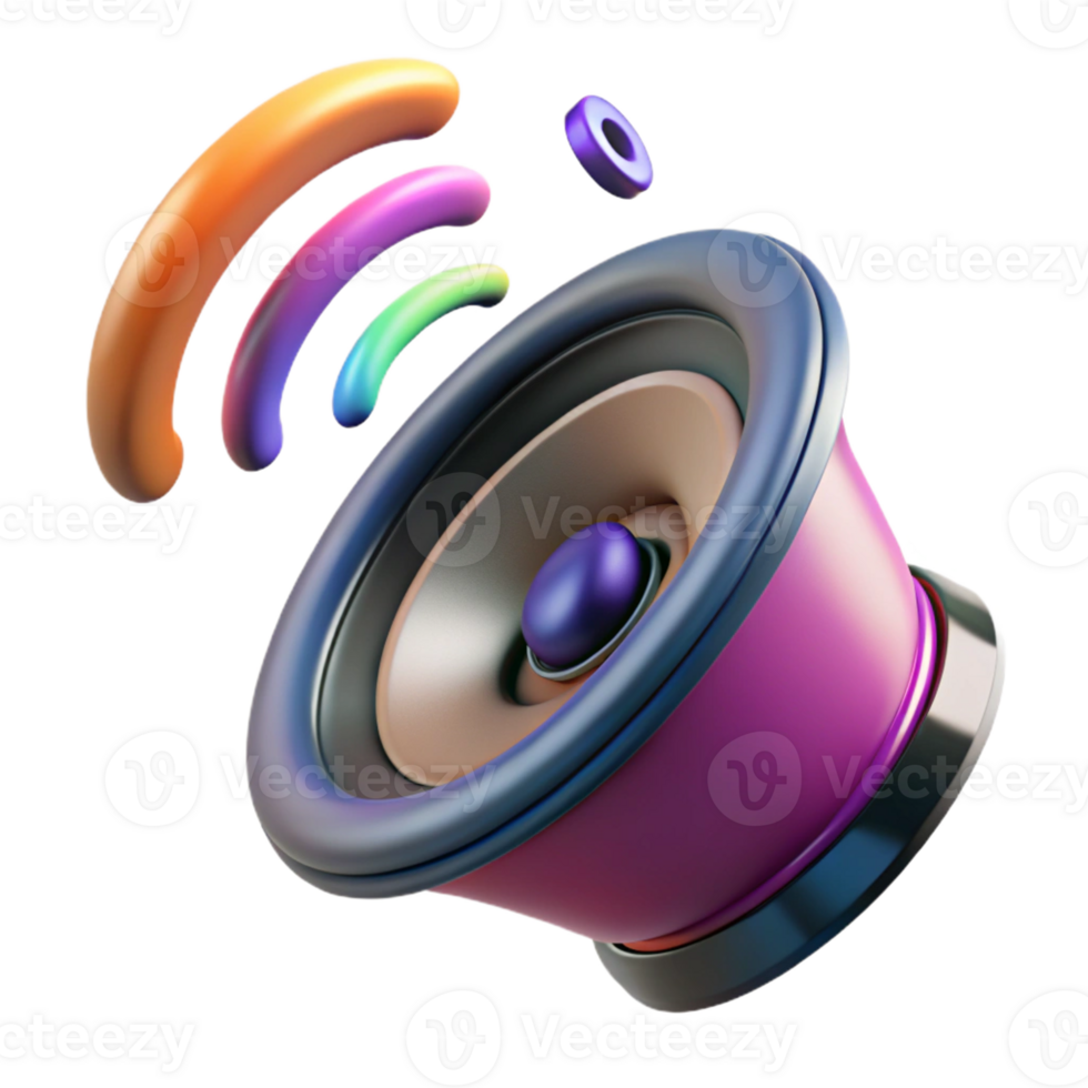 serene artistic A levitating speaker playing music, holographic sound waves visible, dark background, product photography style 4K png