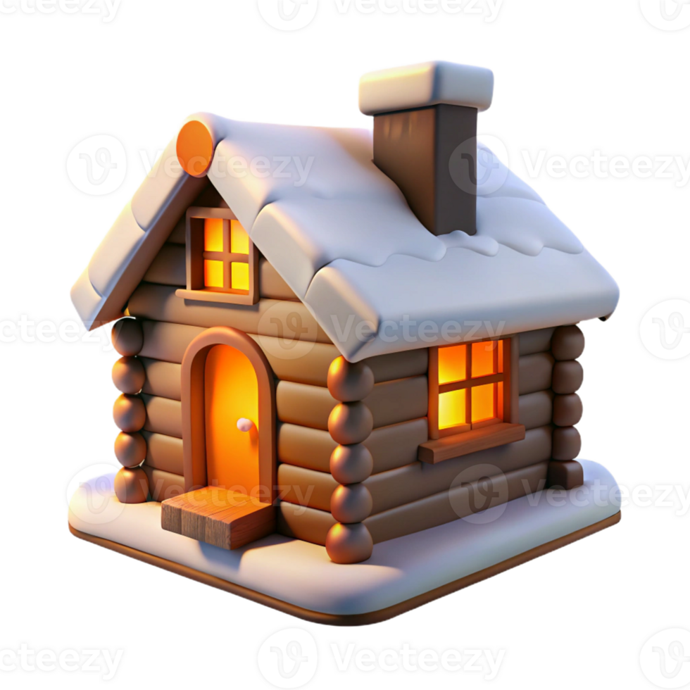 magnificent vintage A log cabin, snow-covered roof, warm firelight in the windows, cozy, rustic style authentic png