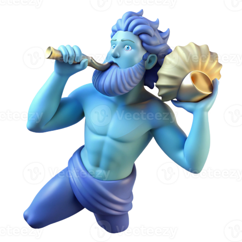 beautiful artistic A wise Triton blowing a conch shell, dynamic pose, Baroque style, dramatic blue light high resolution png