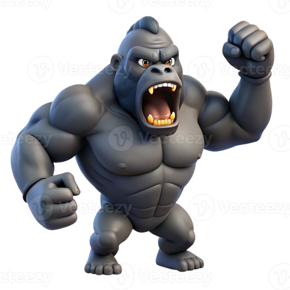 vibrant modern A powerful gorilla beating its chest, jungle setting, dynamic pose, dominant expression premium png