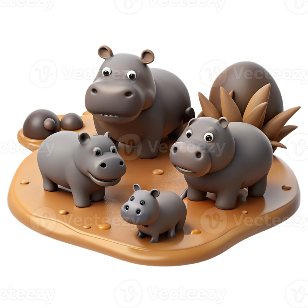 vibrant minimalist A group of hippopotamus wallowing in a muddy river, African setting, realistic style, high quality png