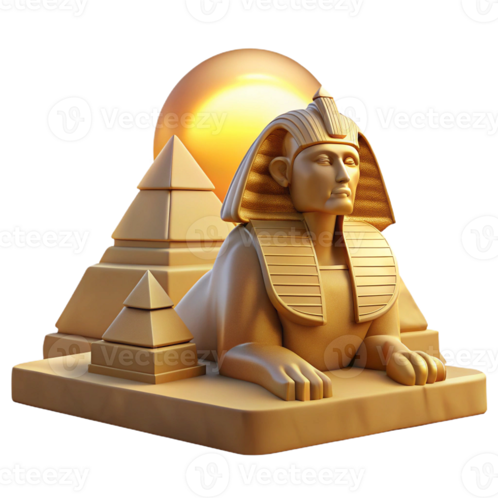 extraordinary traditional A stoic sphinx guarding the pyramids, bathed in the golden light of the setting sun, ancient Egyptian art style authentic png