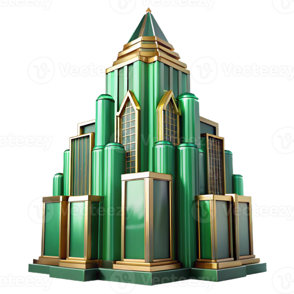 impressive abstract Art Deco skyscraper, emerald green and gold accents, volumetric lighting, smooth metallic textures, highly polished surfaces, stylized geometric patterns detailed png