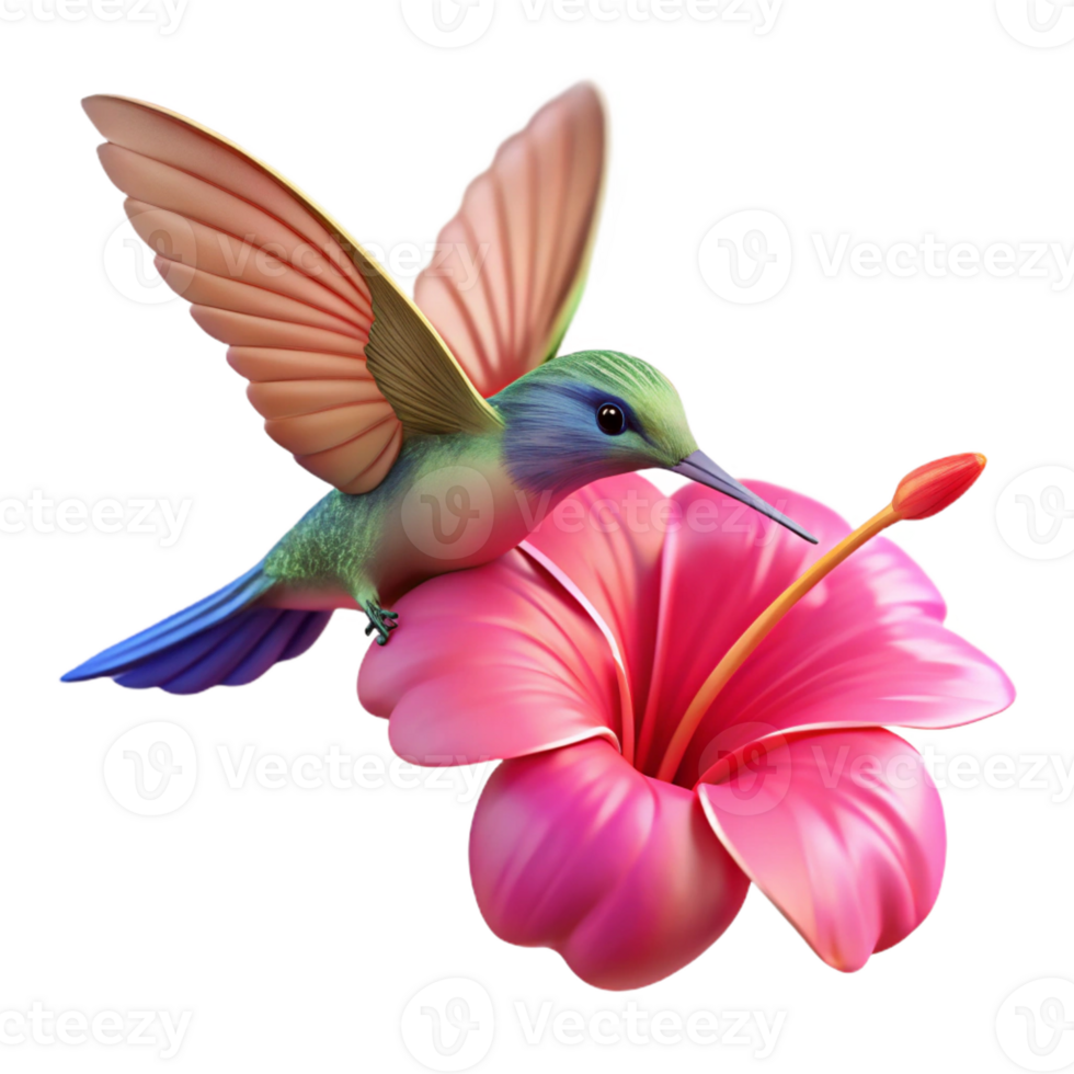 dramatic rustic A tiny hummingbird hovering over a neon pink hibiscus flower, bokeh effect, macro photography, 4K png