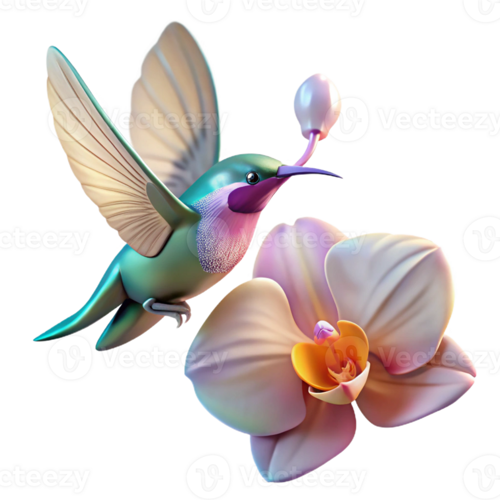 impressive modern A hummingbird hovering near a dew-kissed orchid, macro photography, soft morning light 4K png