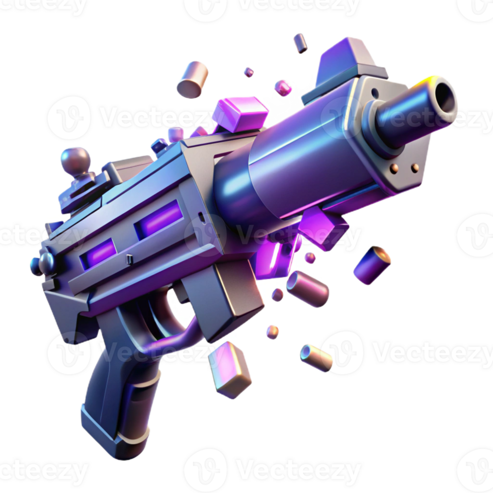 impressive contemporary A futuristic weapon disintegrating into pixels, glitch art style, high contrast lighting authentic png