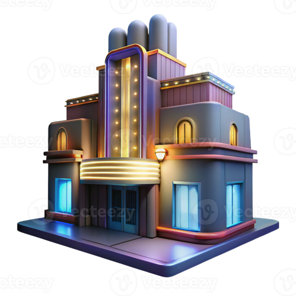 extraordinary abstract A towering Art Deco cinema, neon marquee lights, rainy night, film noir style high resolution png