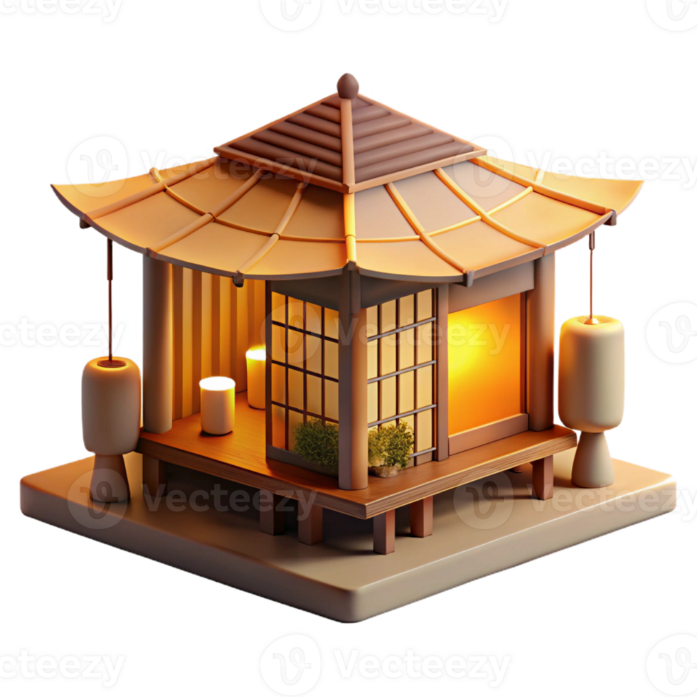 vibrant artistic A Japanese teahouse made of bamboo and paper, warm golden light, minimalist style, serene atmosphere, original png