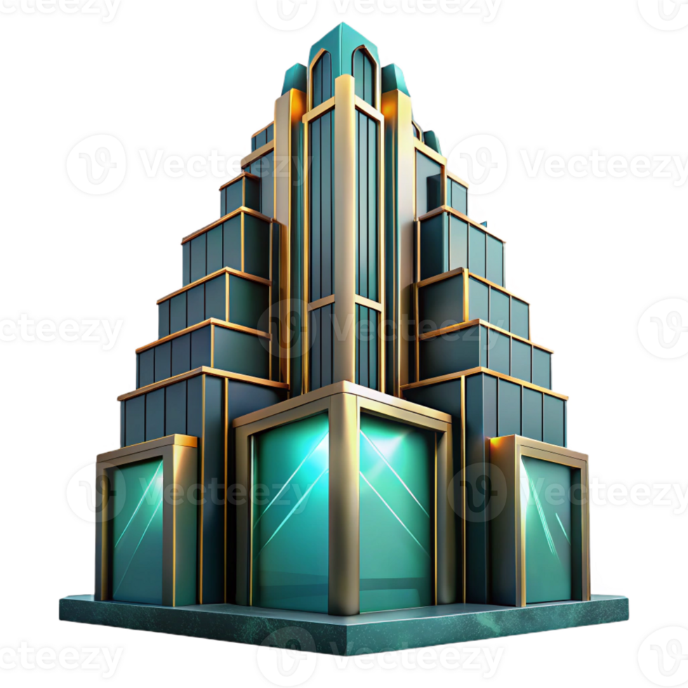extraordinary classic Art Deco skyscraper, intricate geometric facade, amber and teal neon lights, smooth metallic textures, dusk, rainy reflection on the street, hyperrealistic style premium png