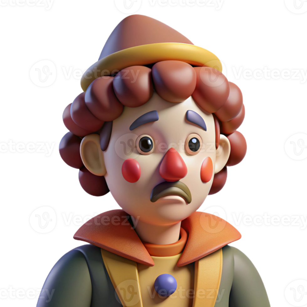 vibrant contemporary A clown with exaggerated features and a sad expression, wearing a tattered costume, dimly lit circus tent, melancholic style authentic png