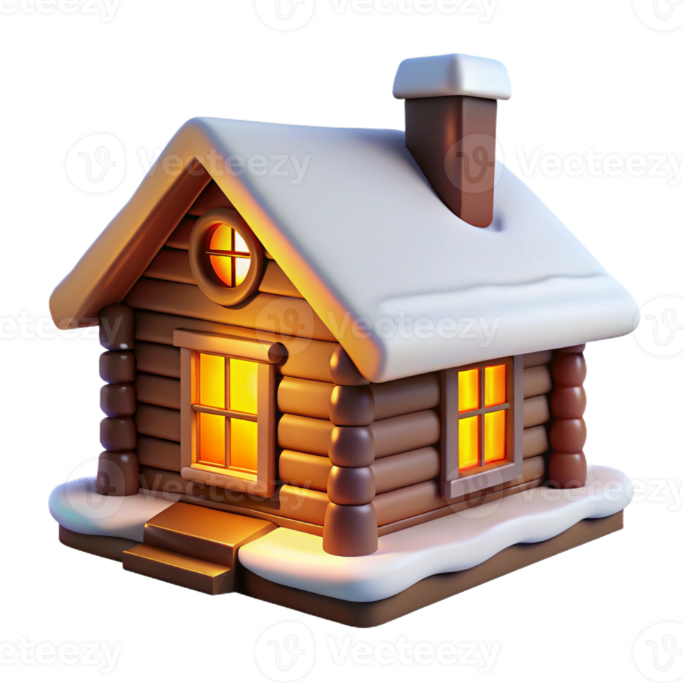 dramatic vintage A log cabin, snow-covered roof, warm firelight in the windows, cozy, rustic style detailed png