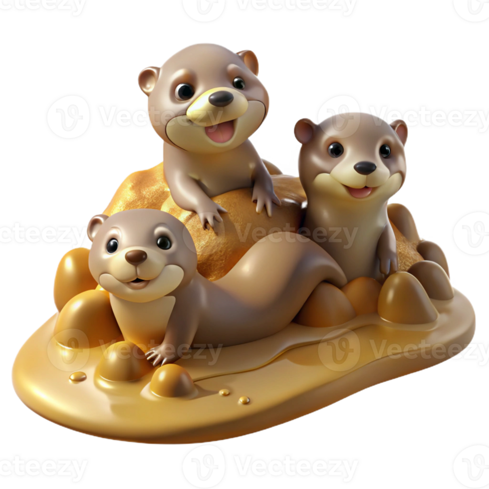 serene modern A family of playful otters sliding down a muddy bank, golden hour lighting, impressionist style, authentic png