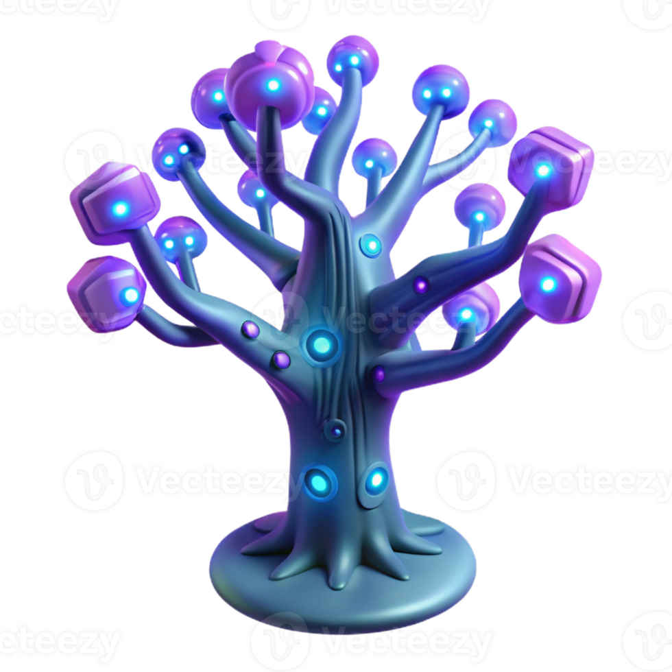 dramatic abstract A bioluminescent tree with embedded circuit boards, glowing softly in a dark forest, fantasy art style detailed png