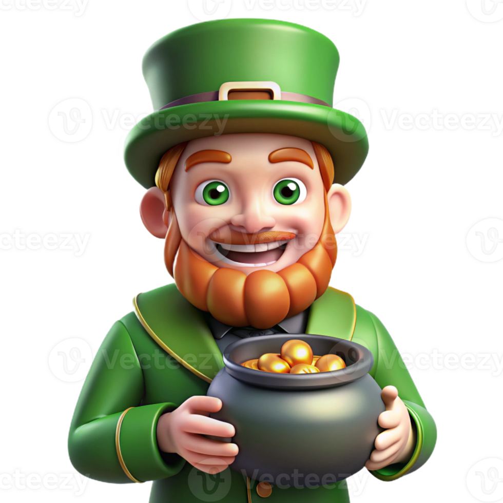 elegant rustic Portrait of a mischievous leprechaun with a pot of gold, magical forest lighting, Irish folklore style, original png