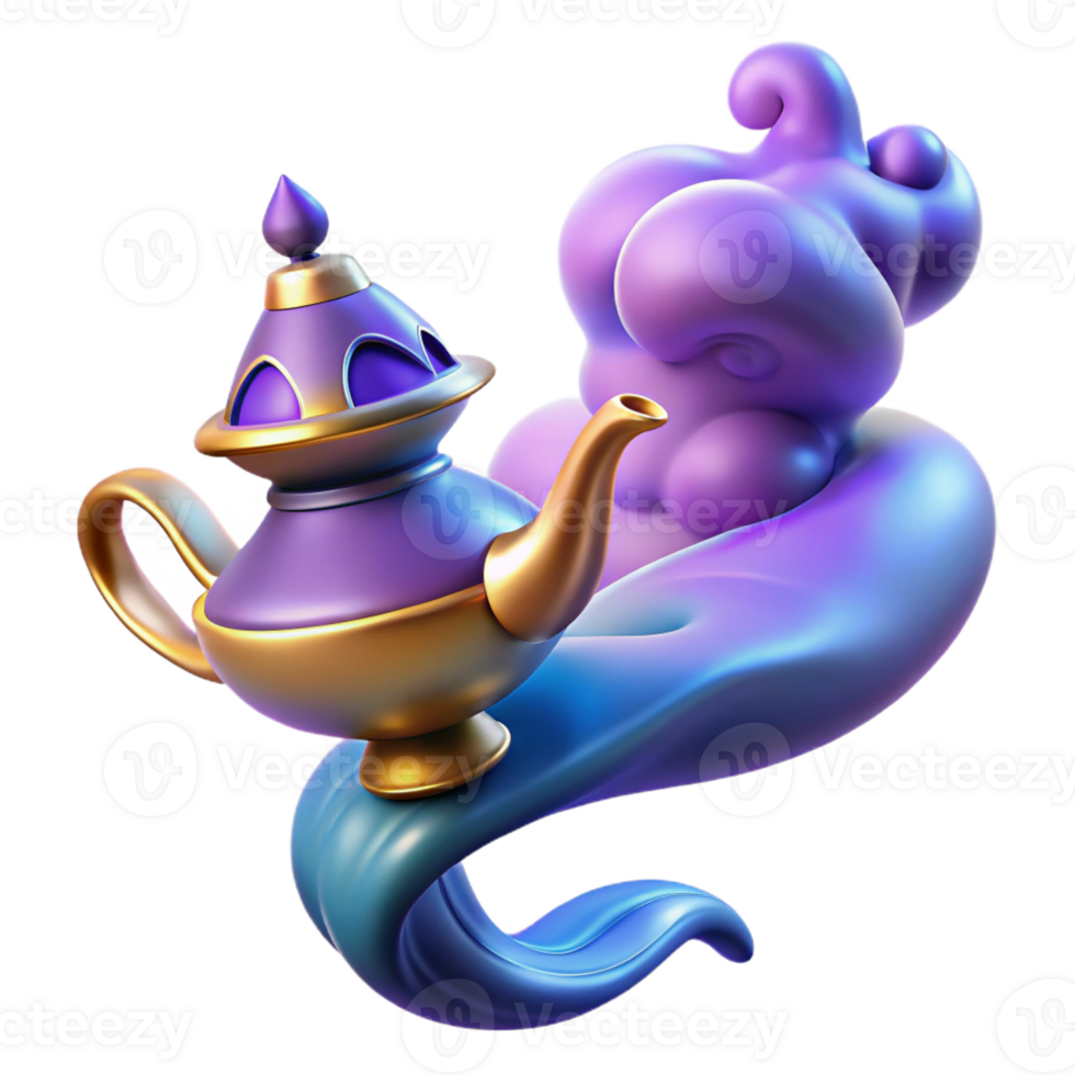 dramatic abstract A powerful djinn emerging from a magic lamp, swirling smoke and ethereal glow, orientalist style detailed png