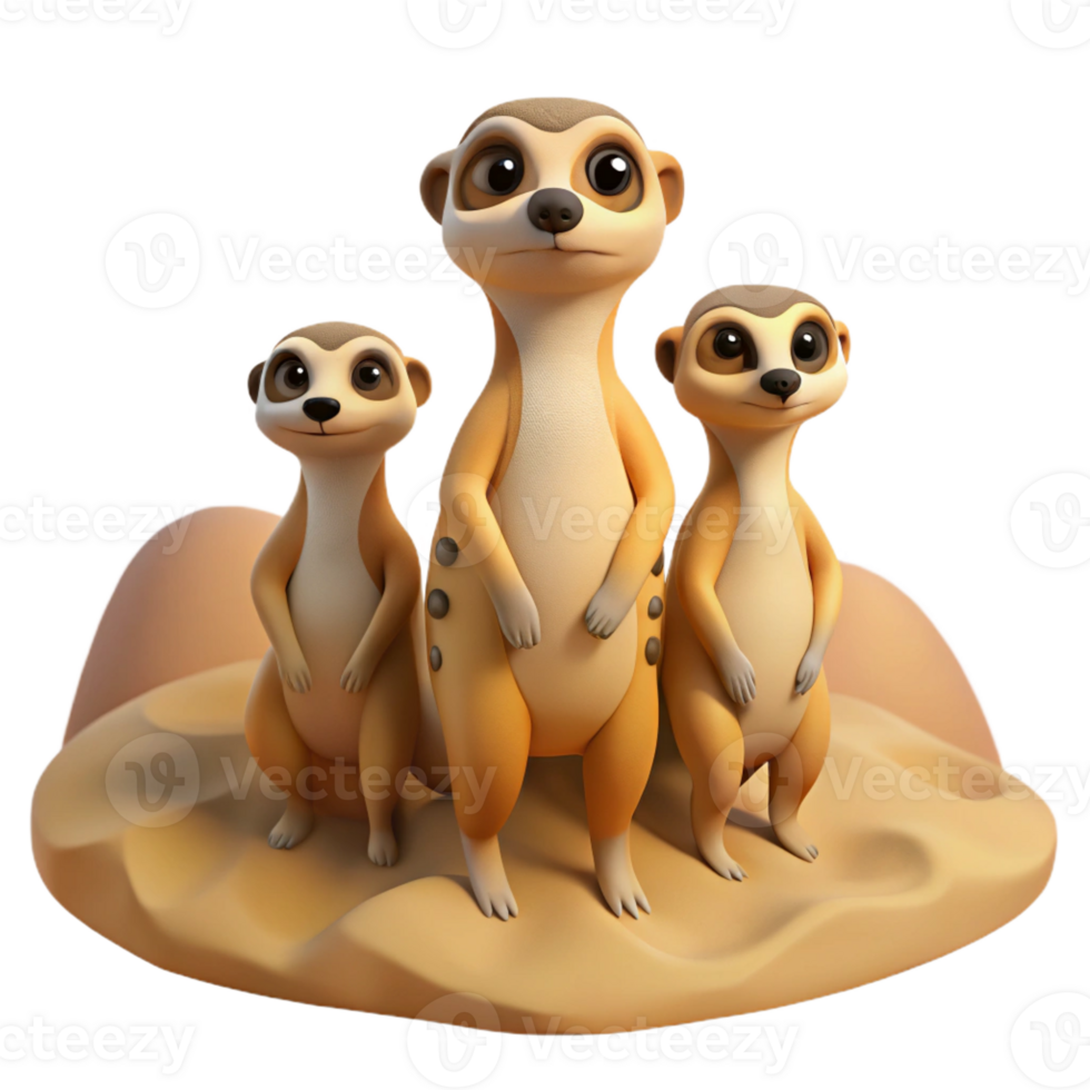 dramatic artistic A group of meerkats standing guard on a sandy dune, warm desert lighting, cartoon style detailed png