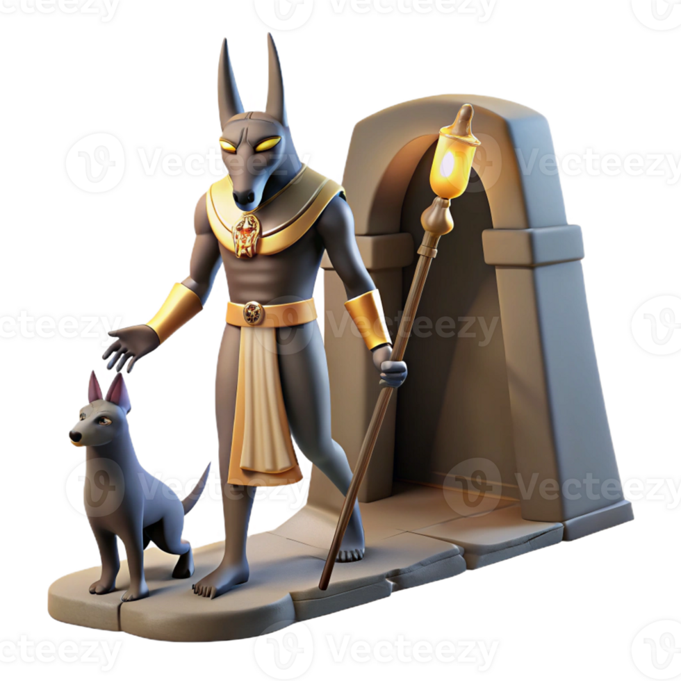 stunning contemporary Anubis leading a soul through the underworld, dark and mysterious, ancient Egyptian tomb painting style original png
