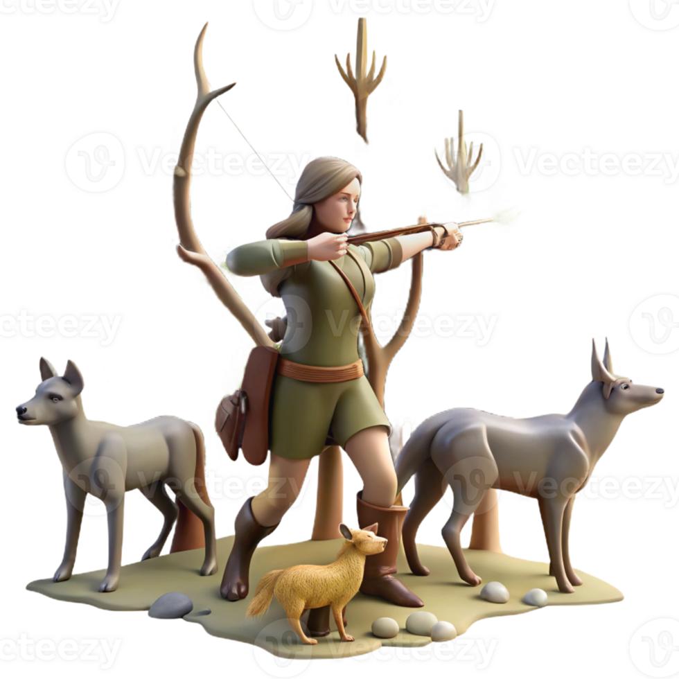 stunning minimalist Artemis hunting in a forest, bow drawn, accompanied by hounds, realistic and detailed, wildlife photography style high resolution png