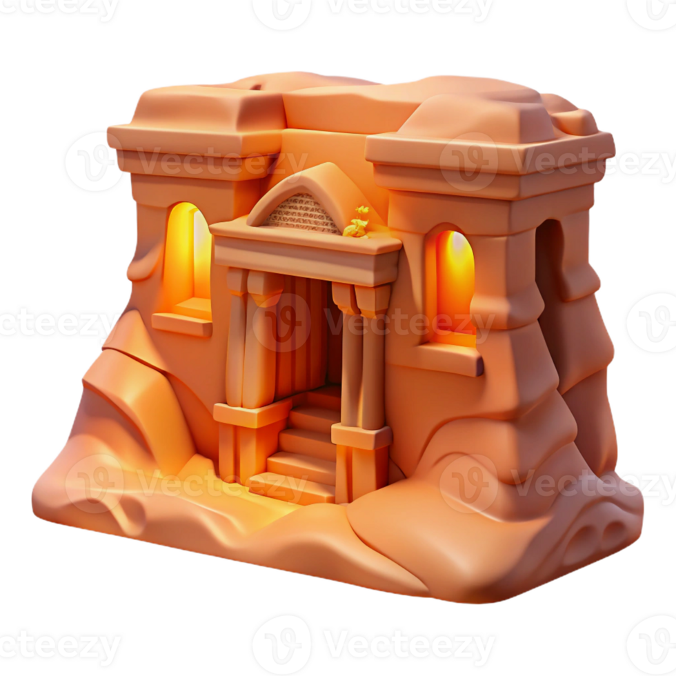 wonderful artistic A desert canyon dwelling, carved into sandstone cliffs, warm orange light, ancient, mysterious style premium png