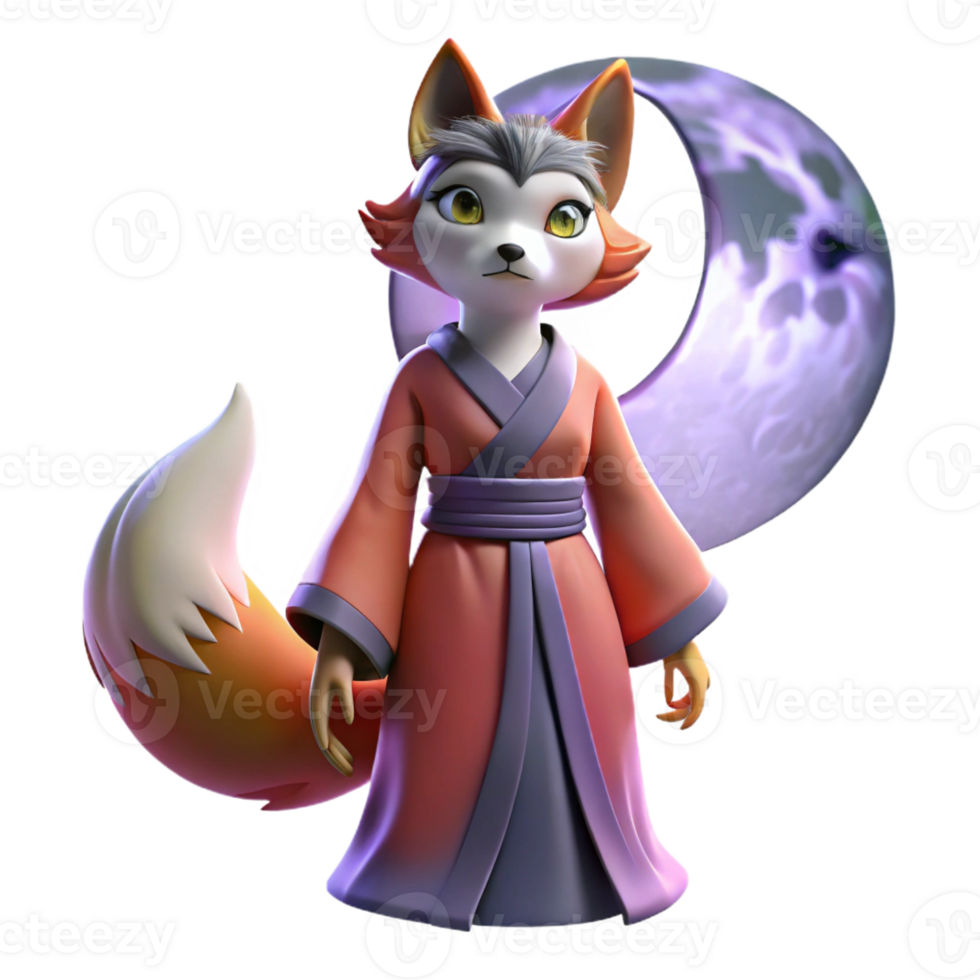 elegant abstract A sly kitsune transforming into a beautiful woman, moonlight, Japanese woodblock print style detailed png
