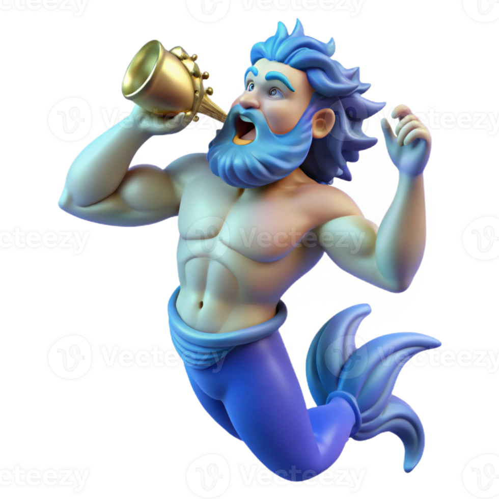 beautiful abstract A wise Triton blowing a conch shell, dynamic pose, Baroque style, dramatic blue light genuine png