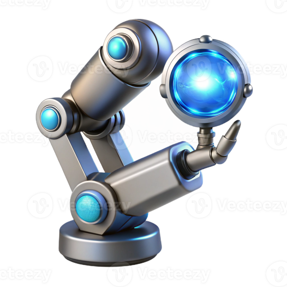 elegant contemporary A chrome robotic arm delicately holding a glowing orb of data, intricate circuitry visible beneath its polished surface, lit by soft blue neon light premium png