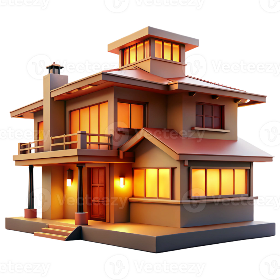 impressive abstract A hyperrealistic rendering of a Frank Lloyd Wright house, warm interior lighting, prairie style detailed png