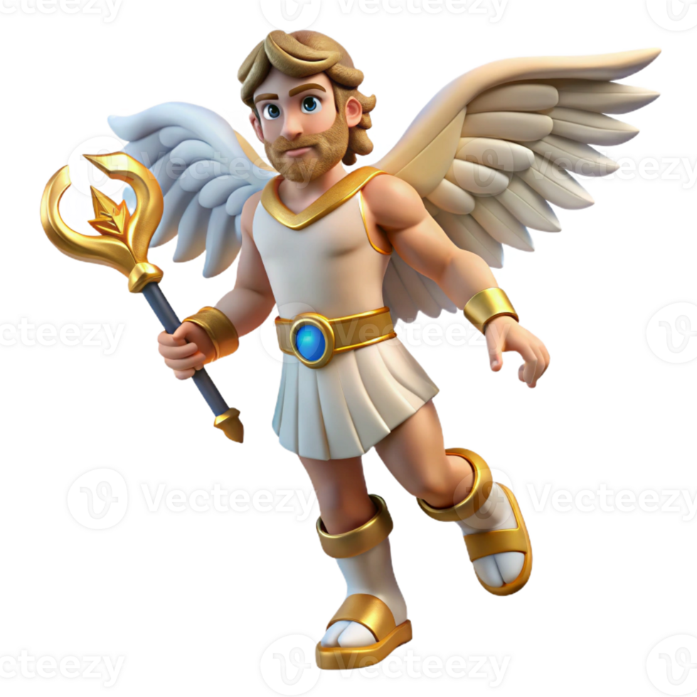 dramatic minimalist Hermes, messenger of the gods, with winged sandals and a caduceus, dynamic pose, comic book style high resolution png