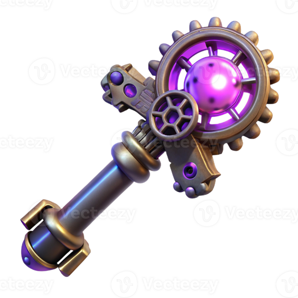 stunning contemporary A detailed illustration of a steampunk key, intricate carvings and gears, illuminated by a mysterious, purple light detailed png
