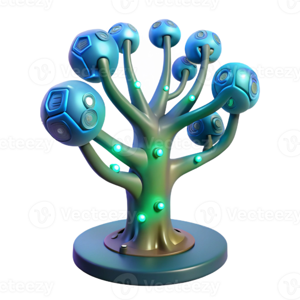 beautiful artistic A bioluminescent tree with embedded circuit boards, glowing softly in a dark forest, fantasy art style high quality png
