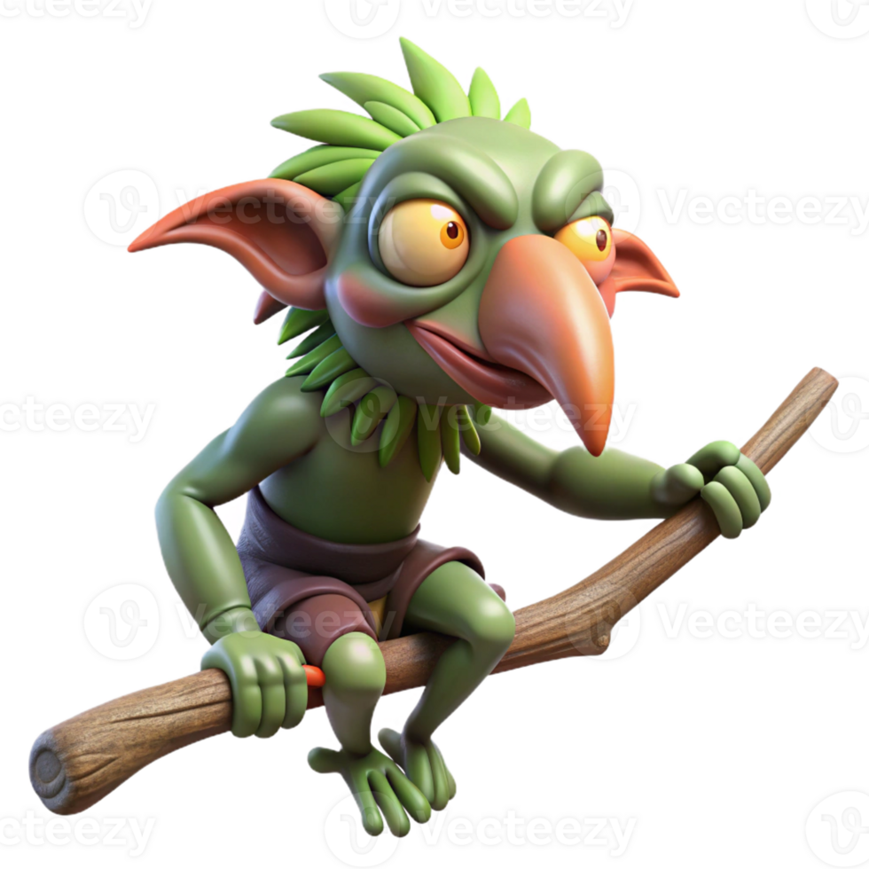 magnificent rustic A tengu, a Japanese goblin with a long nose, perched on a tree branch, whimsical and mischievous style exclusive png