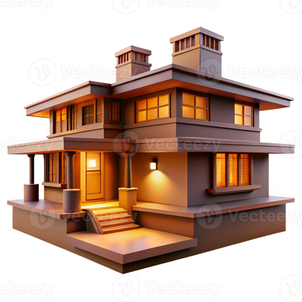 stunning contemporary A hyperrealistic rendering of a Frank Lloyd Wright house, warm interior lighting, prairie style 4K png