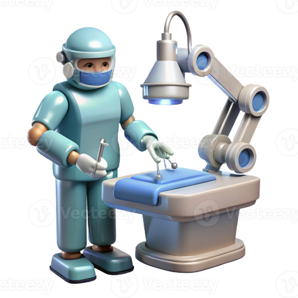stunning minimalist A robotic surgeon performing a delicate operation, precise movements, sterile white lighting, medical illustration style authentic png