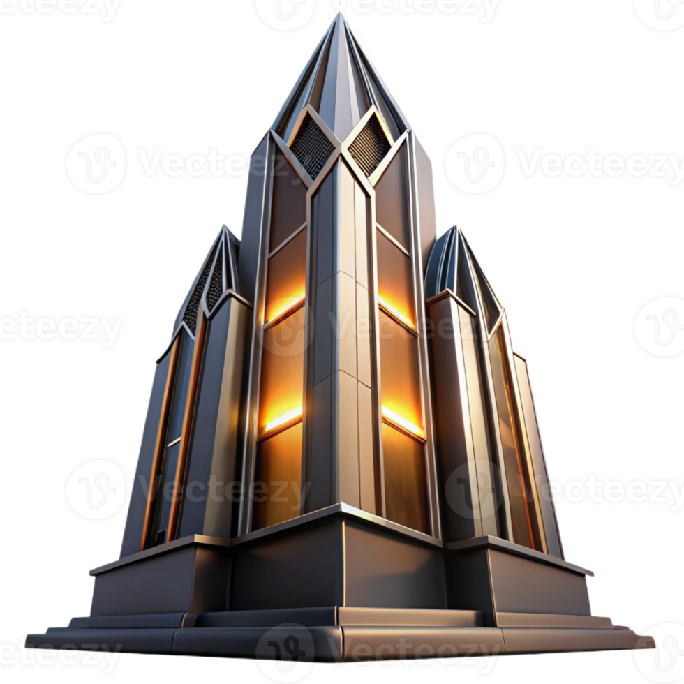 extraordinary rustic Art Deco skyscraper, chrome and black glass, sharp angles, sunset lighting, volumetric lighting, cinematic, exclusive png