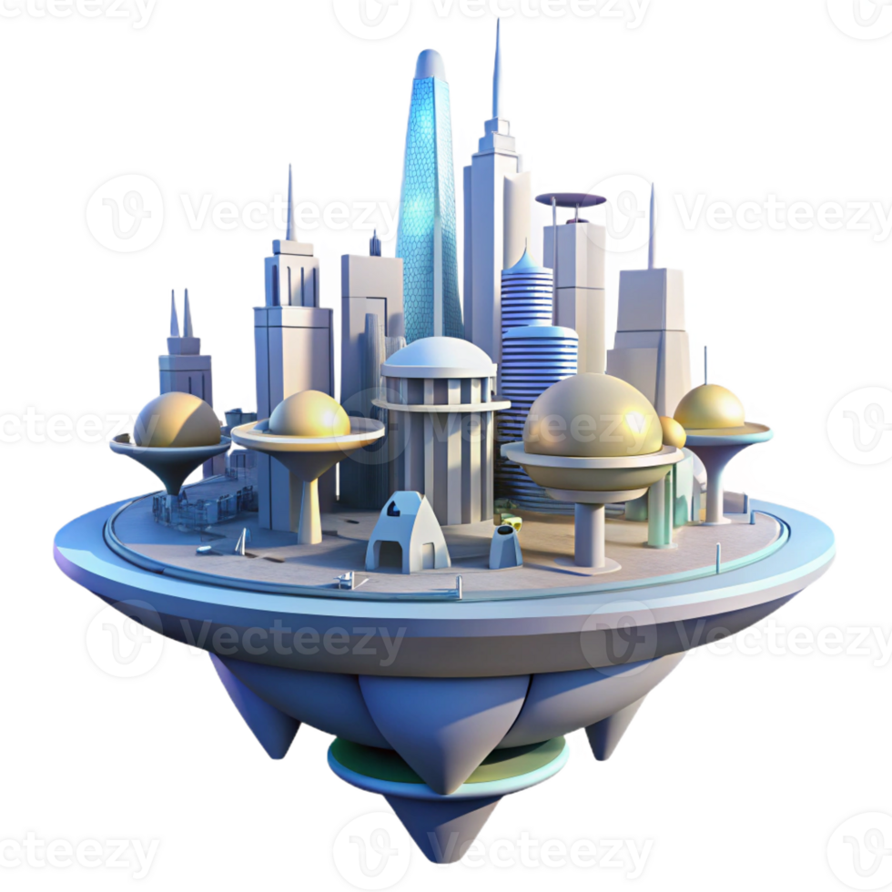 dramatic abstract A floating city with interconnected platforms, futuristic architecture, bright sunlight, utopian setting detailed png