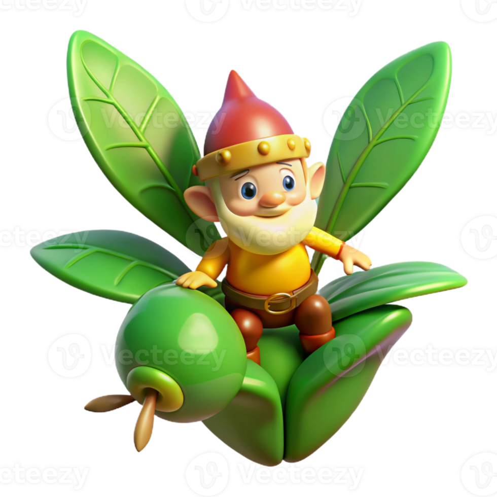 stunning contemporary A whimsical gnome riding a giant firefly through a luminescent forest, dappled sunlight filtering through the leaves, vibrant and painterly style high quality png