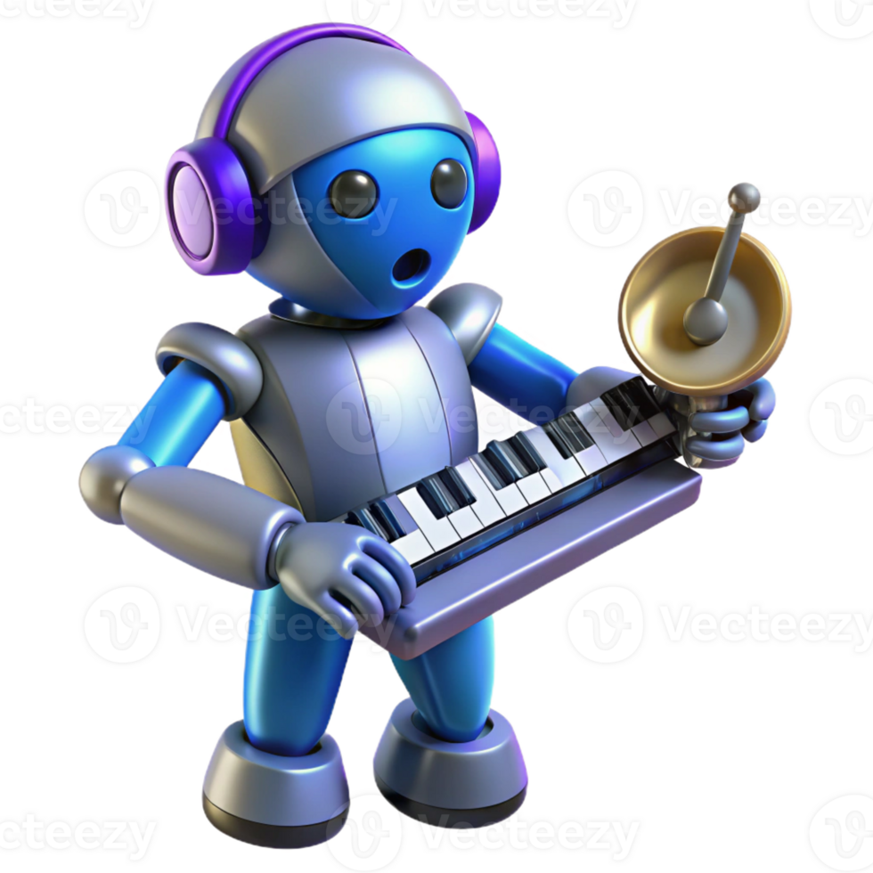 stunning rustic A robot playing a musical instrument, melancholic, blue lighting, surreal style genuine png