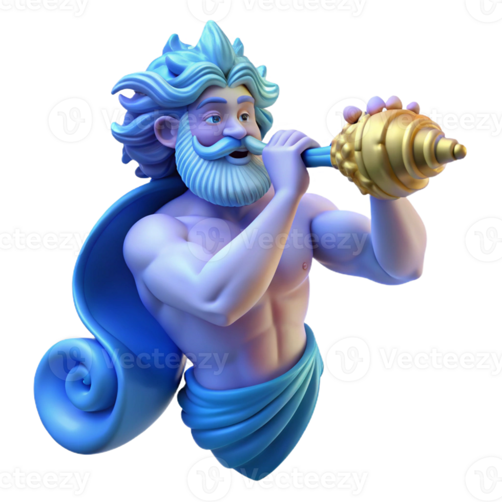 stunning classic A wise Triton blowing a conch shell, dynamic pose, Baroque style, dramatic blue light high resolution png