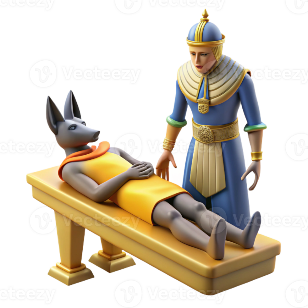 impressive rustic Anubis embalming a pharaoh, detailed and ceremonial, ancient Egyptian relief style high resolution png